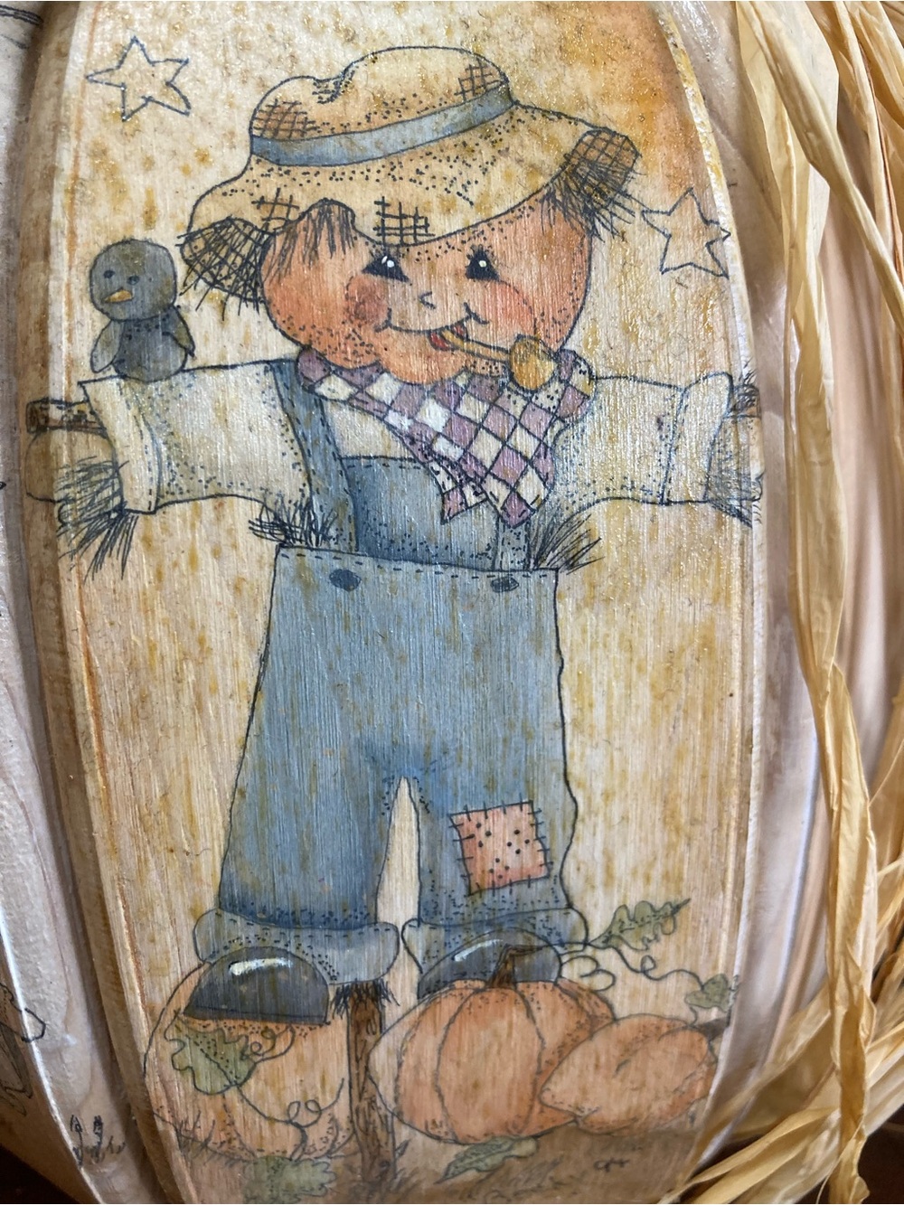 Vintage Hand Painted Wooden Fall Pumpkin Centerpiece With Ghost & Scarecrow Art - Picture 8 of 15